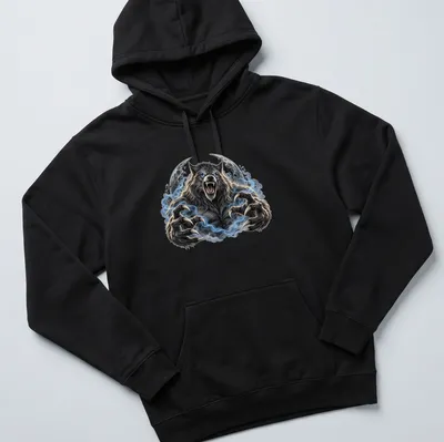 Realistic werewolf graphic in gray, blue, black, and white tones for Halloween. — printed on a unisex hoodie