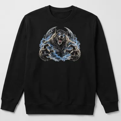 Realistic werewolf graphic in gray, blue, black, and white tones for Halloween. — printed on a unisex sweatshirt