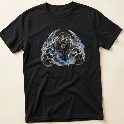 Realistic werewolf graphic in gray, blue, black, and white tones for Halloween.