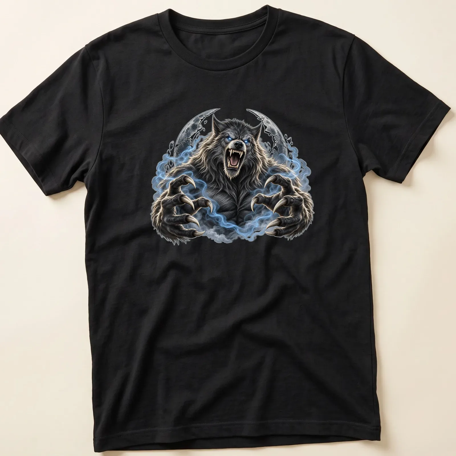 Realistic werewolf graphic in gray, blue, black, and white tones for Halloween. — printed on a unisex t-shirt