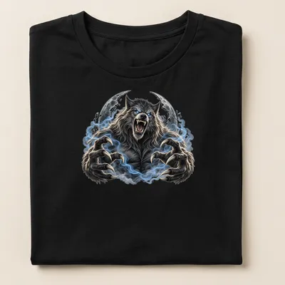 Realistic werewolf graphic in gray, blue, black, and white tones for Halloween. — printed on a women's shirt
