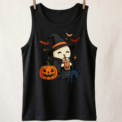 Retro comic of a witch with a pumpkin spice latte and cat. — printed on a tank top