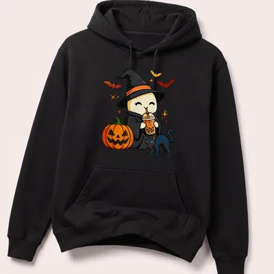 Retro comic of a witch with a pumpkin spice latte and cat. — printed on a unisex hoodie