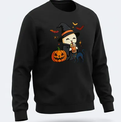 Retro comic of a witch with a pumpkin spice latte and cat. — printed on a unisex sweatshirt