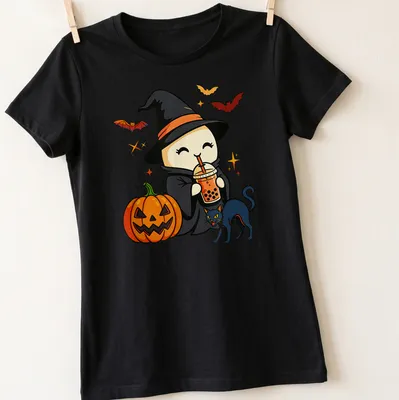 Retro comic of a witch with a pumpkin spice latte and cat. — printed on a women's shirt