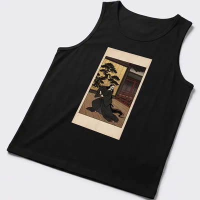 Hannya mask warrior T-shirt featuring Japanese ukiyo-e style artwork in black and gold — printed on a tank top