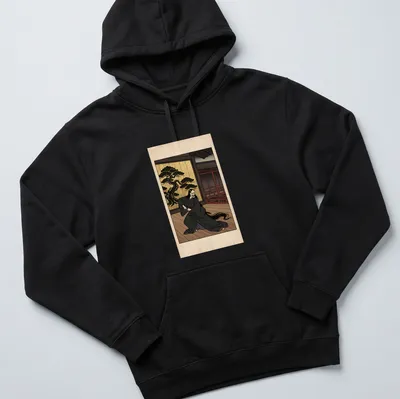 Hannya mask warrior T-shirt featuring Japanese ukiyo-e style artwork in black and gold — printed on a unisex hoodie