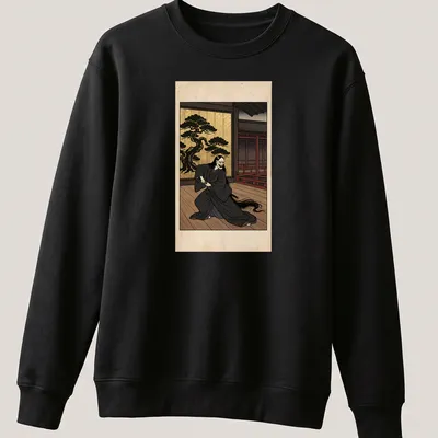 Hannya mask warrior T-shirt featuring Japanese ukiyo-e style artwork in black and gold — printed on a unisex sweatshirt