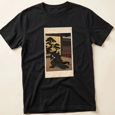 Hannya mask warrior T-shirt featuring Japanese ukiyo-e style artwork in black and gold — printed on a unisex t-shirt
