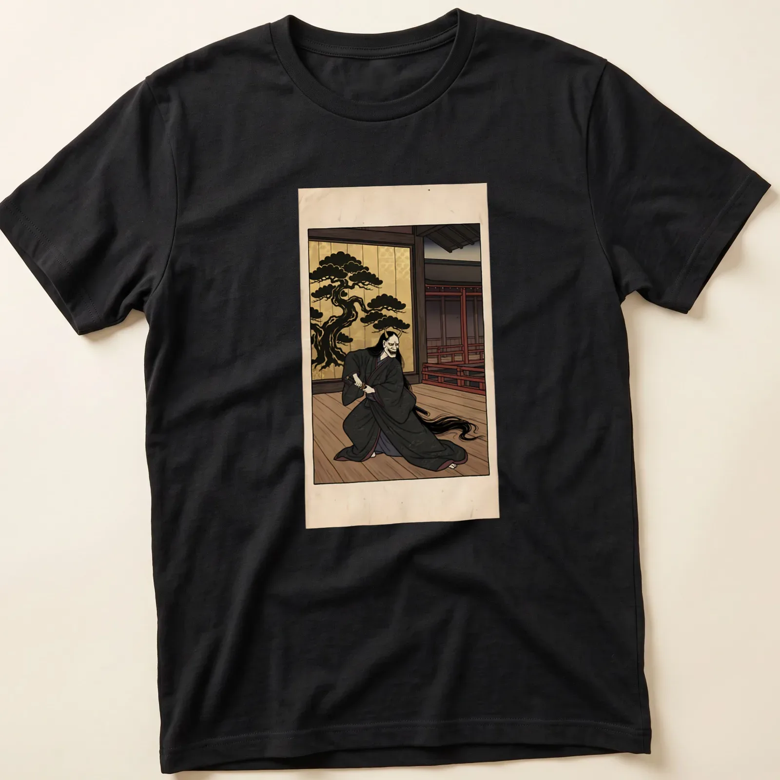 Hannya mask warrior T-shirt featuring Japanese ukiyo-e style artwork in black and gold — printed on a unisex t-shirt