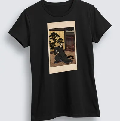 Hannya mask warrior T-shirt featuring Japanese ukiyo-e style artwork in black and gold — printed on a women's shirt