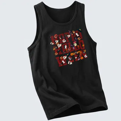 Vector typography shirt with 'Happy Halloween' and spooky pumpkin, ghost, witch, and spider graphics. — printed on a tank top