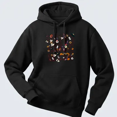 Vector typography shirt with 'Happy Halloween' and spooky pumpkin, ghost, witch, and spider graphics. — printed on a unisex hoodie