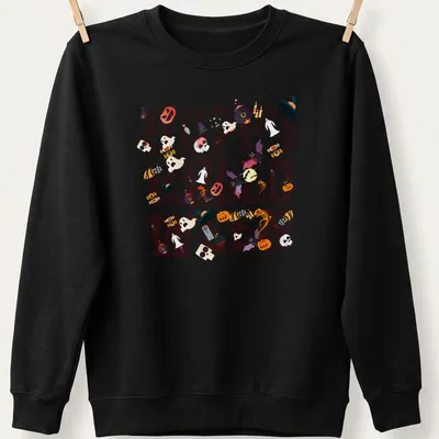 Vector typography shirt with 'Happy Halloween' and spooky pumpkin, ghost, witch, and spider graphics. — printed on a unisex sweatshirt