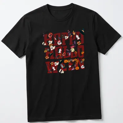 Vector typography shirt with 'Happy Halloween' and spooky pumpkin, ghost, witch, and spider graphics.
