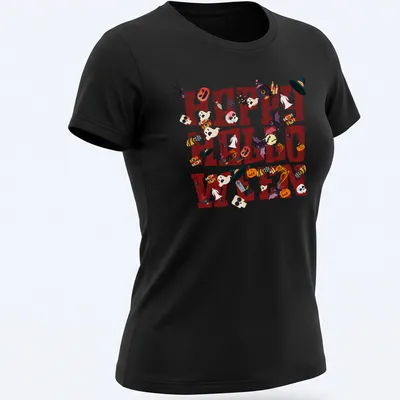 Vector typography shirt with 'Happy Halloween' and spooky pumpkin, ghost, witch, and spider graphics. — printed on a women's shirt