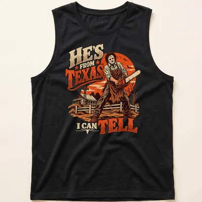 Vintage illustration of a horror character with a chainsaw and text saying He's from Texas I can tell — printed on a tank top