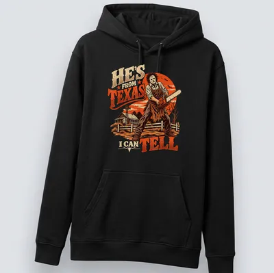 Vintage illustration of a horror character with a chainsaw and text saying He's from Texas I can tell — printed on a unisex hoodie