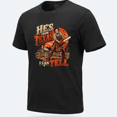 Vintage illustration of a horror character with a chainsaw and text saying He's from Texas I can tell — printed on a unisex t-shirt