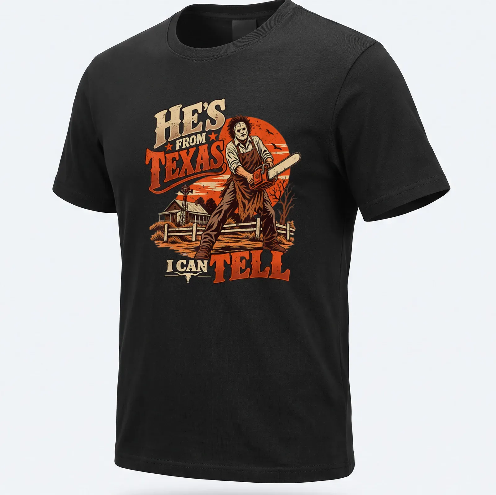 Vintage illustration of a horror character with a chainsaw and text saying He's from Texas I can tell — printed on a unisex t-shirt