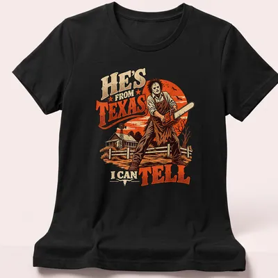 Vintage illustration of a horror character with a chainsaw and text saying He's from Texas I can tell — printed on a women's shirt