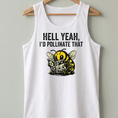 Vintage illustration T-shirt featuring a humorous bee and flowers design — printed on a tank top