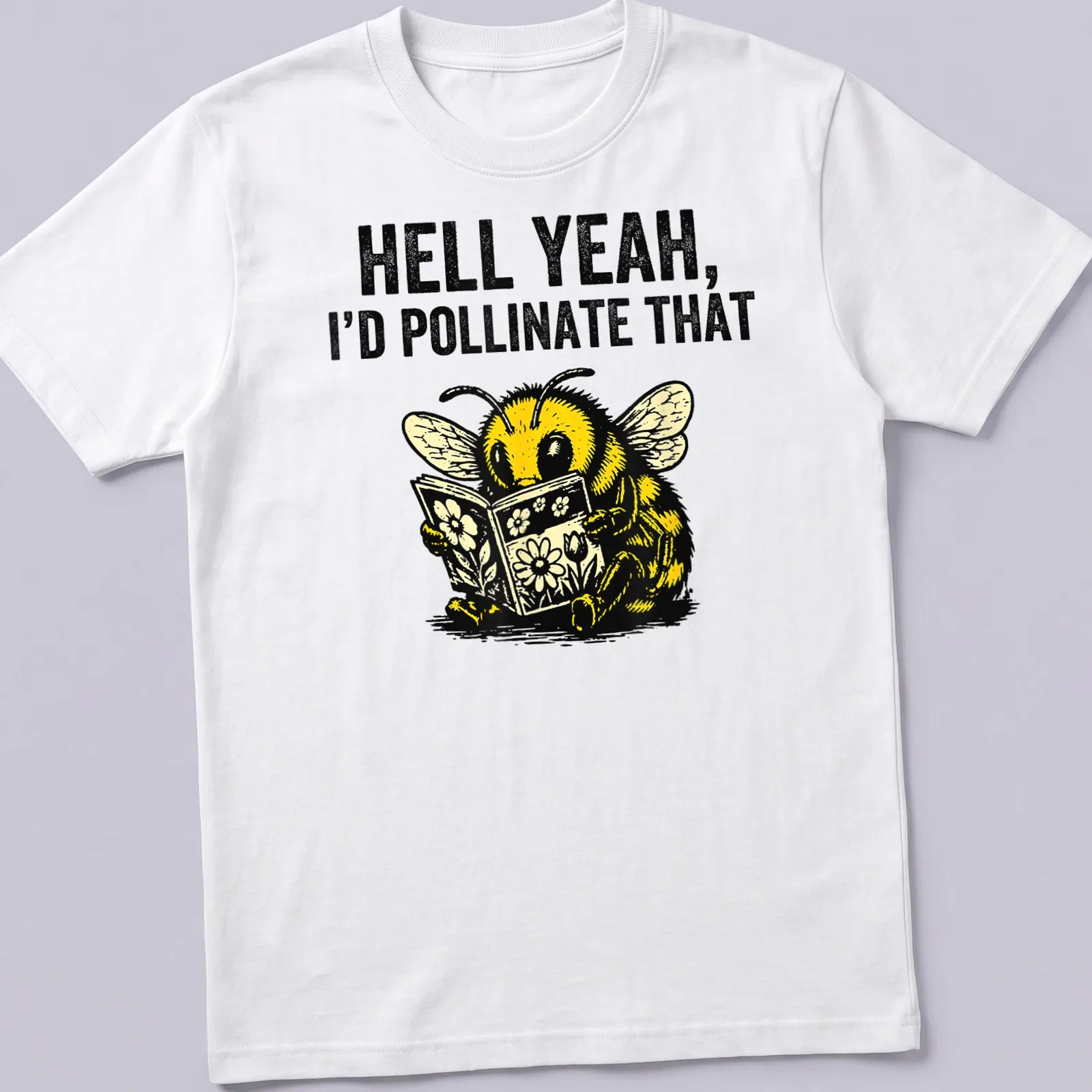 Vintage illustration T-shirt featuring a humorous bee and flowers design — printed on a unisex t-shirt