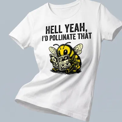 Vintage illustration T-shirt featuring a humorous bee and flowers design — printed on a women's shirt