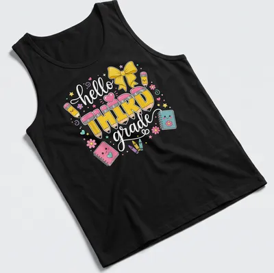 Kawaii design featuring yellow pencils and the text 'hello THIRD grade' in pastel colors — printed on a tank top
