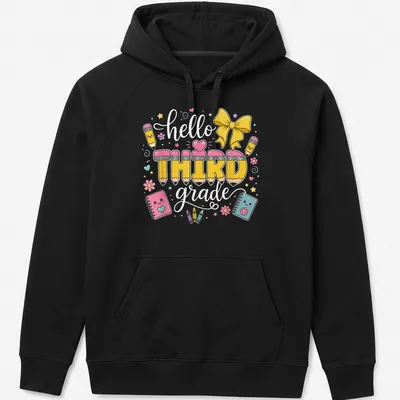 Kawaii design featuring yellow pencils and the text 'hello THIRD grade' in pastel colors — printed on a unisex hoodie