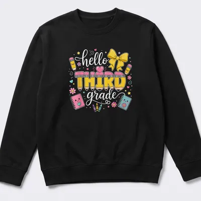 Kawaii design featuring yellow pencils and the text 'hello THIRD grade' in pastel colors — printed on a unisex sweatshirt