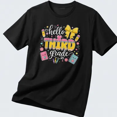Kawaii design featuring yellow pencils and the text 'hello THIRD grade' in pastel colors
