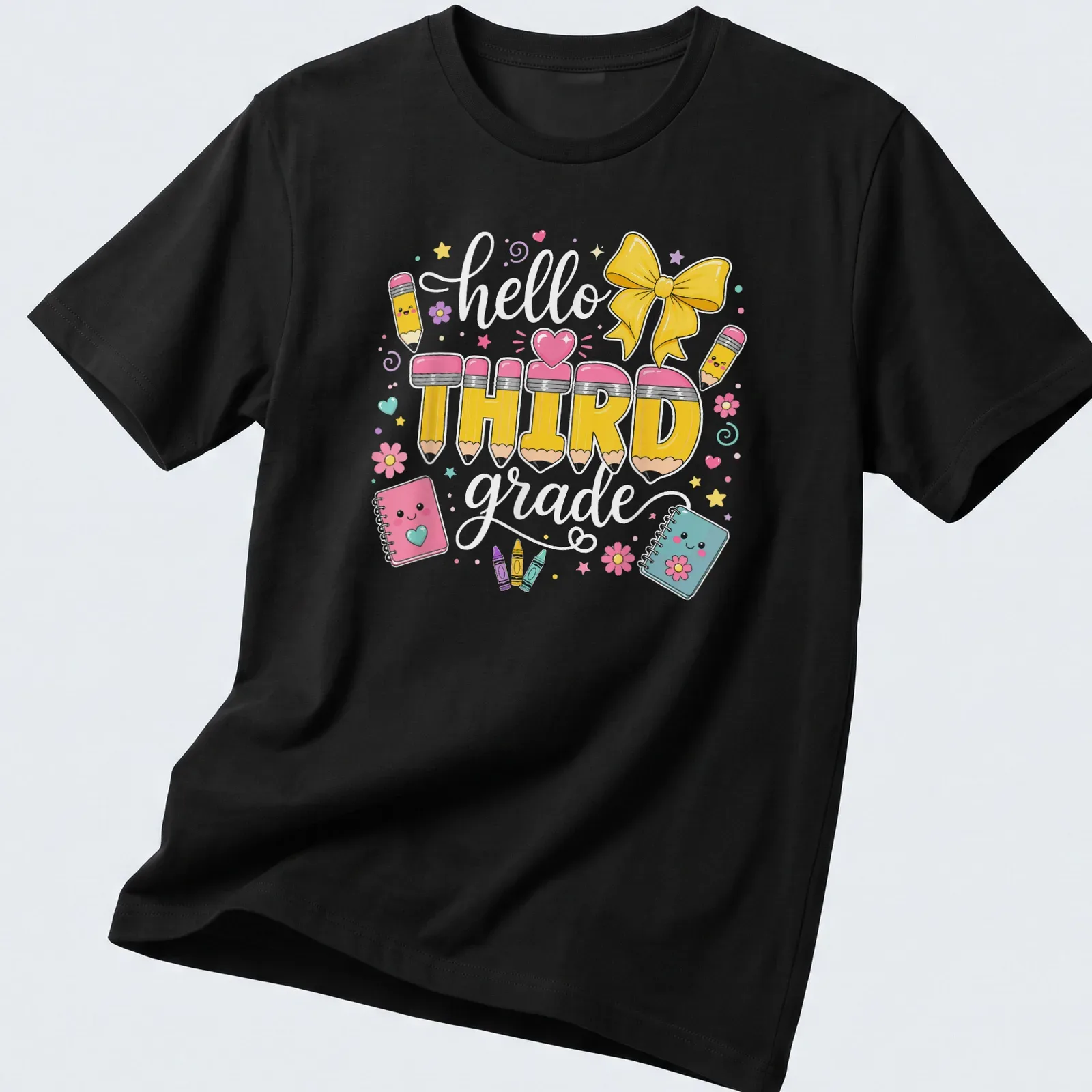 Kawaii design featuring yellow pencils and the text 'hello THIRD grade' in pastel colors — printed on a unisex t-shirt