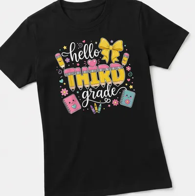 Kawaii design featuring yellow pencils and the text 'hello THIRD grade' in pastel colors — printed on a women's shirt