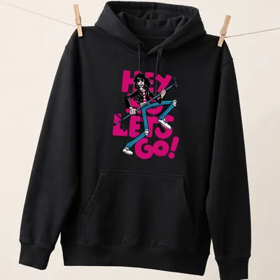 Cartoon-style Joey Ramone t-shirt with colorful text and design — printed on a unisex hoodie