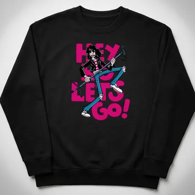 Cartoon-style Joey Ramone t-shirt with colorful text and design — printed on a unisex sweatshirt