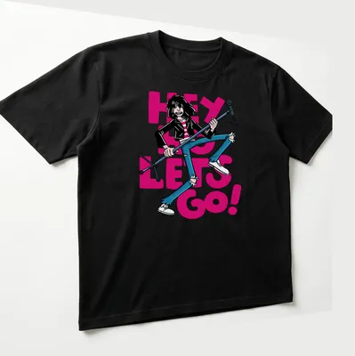 Cartoon-style Joey Ramone t-shirt with colorful text and design — printed on a unisex t-shirt (angled view)