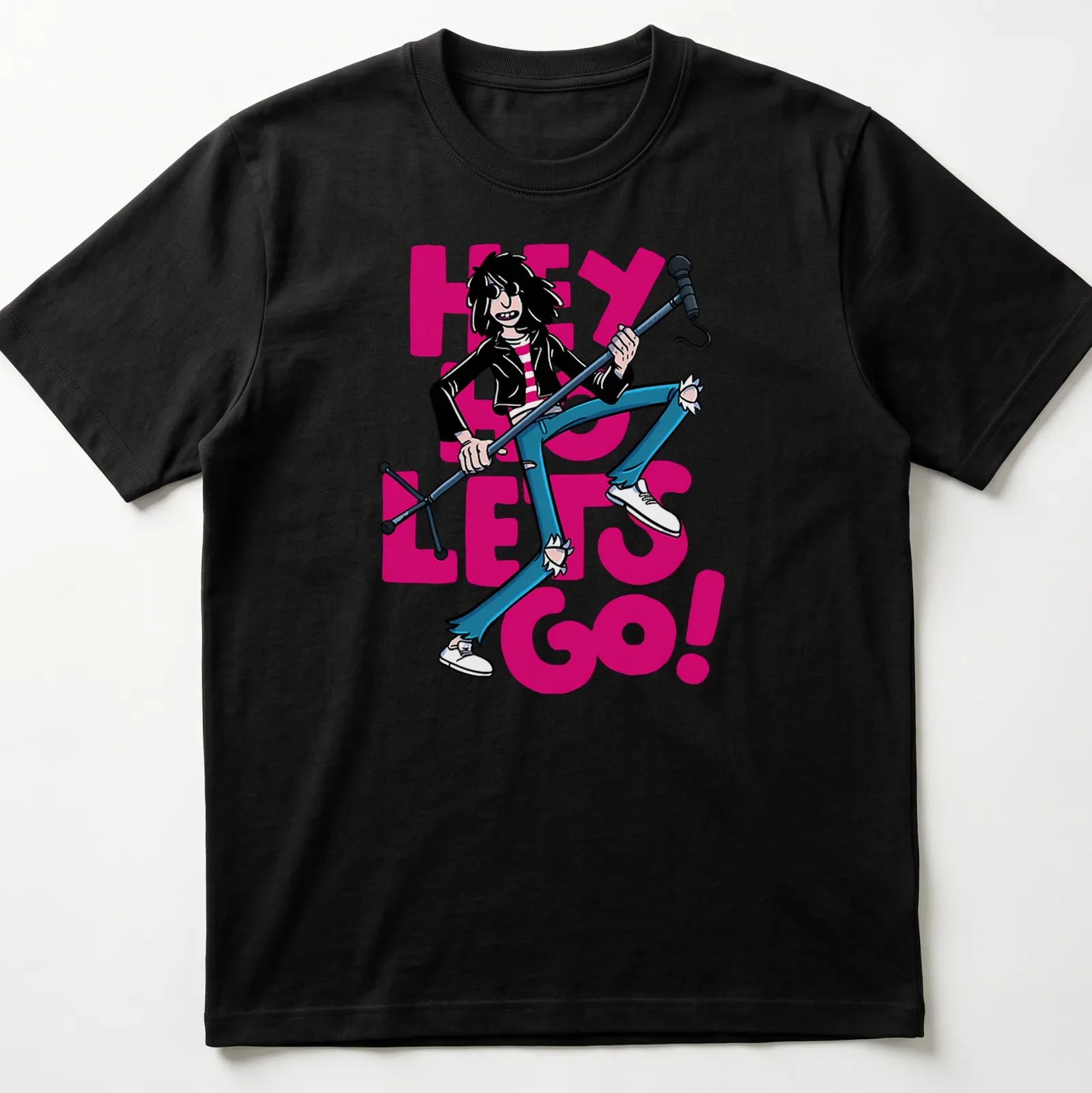 Cartoon-style Joey Ramone t-shirt with colorful text and design — printed on a unisex t-shirt