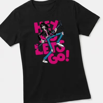 Cartoon-style Joey Ramone t-shirt with colorful text and design — printed on a women's shirt