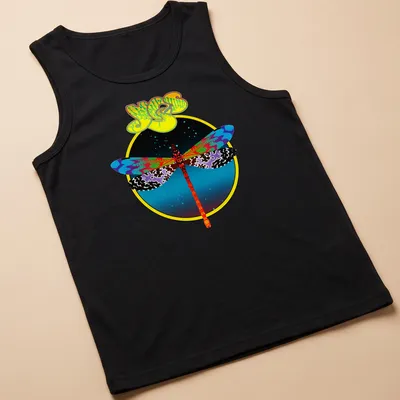 Psychedelic dragonfly T-shirt with colorful printed text and lively design — printed on a tank top