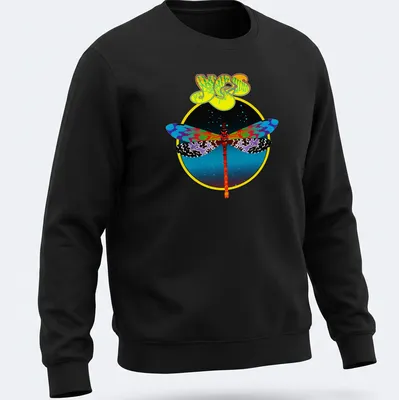 Psychedelic dragonfly T-shirt with colorful printed text and lively design — printed on a unisex sweatshirt