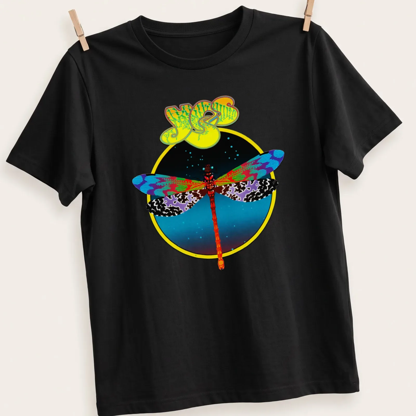 Psychedelic dragonfly T-shirt with colorful printed text and lively design — printed on a unisex t-shirt
