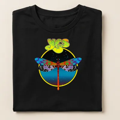 Psychedelic dragonfly T-shirt with colorful printed text and lively design — printed on a women's shirt