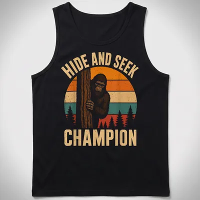 Retro vintage Bigfoot Sasquatch t-shirt with playful text above cartoon art — printed on a tank top