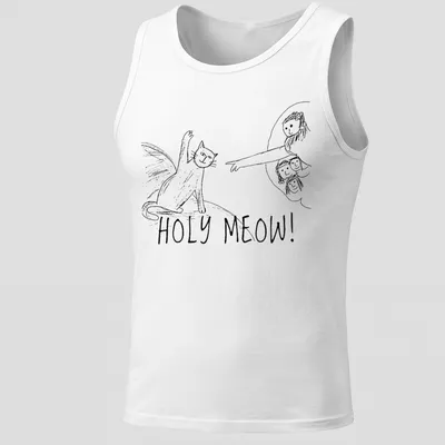 Comic line-art shirt featuring a playful cat and the text 'HOLY MEOW!' in black and white. — printed on a tank top