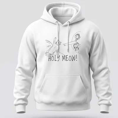 Comic line-art shirt featuring a playful cat and the text 'HOLY MEOW!' in black and white. — printed on a unisex hoodie