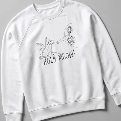 Comic line-art shirt featuring a playful cat and the text 'HOLY MEOW!' in black and white. — printed on a unisex sweatshirt