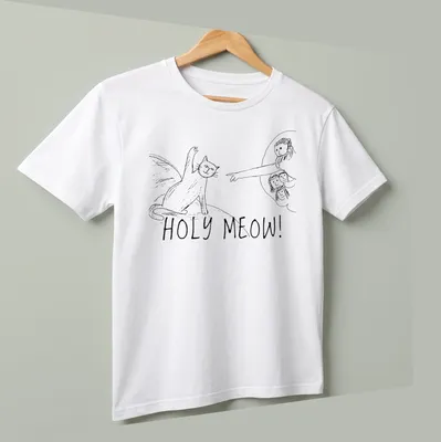 Comic line-art shirt featuring a playful cat and the text 'HOLY MEOW!' in black and white. — printed on a unisex t-shirt (angled view)