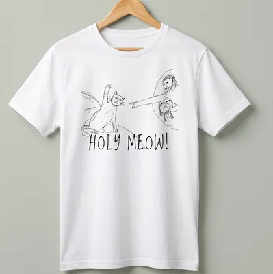 Comic line-art shirt featuring a playful cat and the text 'HOLY MEOW!' in black and white.