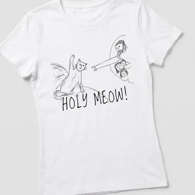 Comic line-art shirt featuring a playful cat and the text 'HOLY MEOW!' in black and white. — printed on a women's shirt